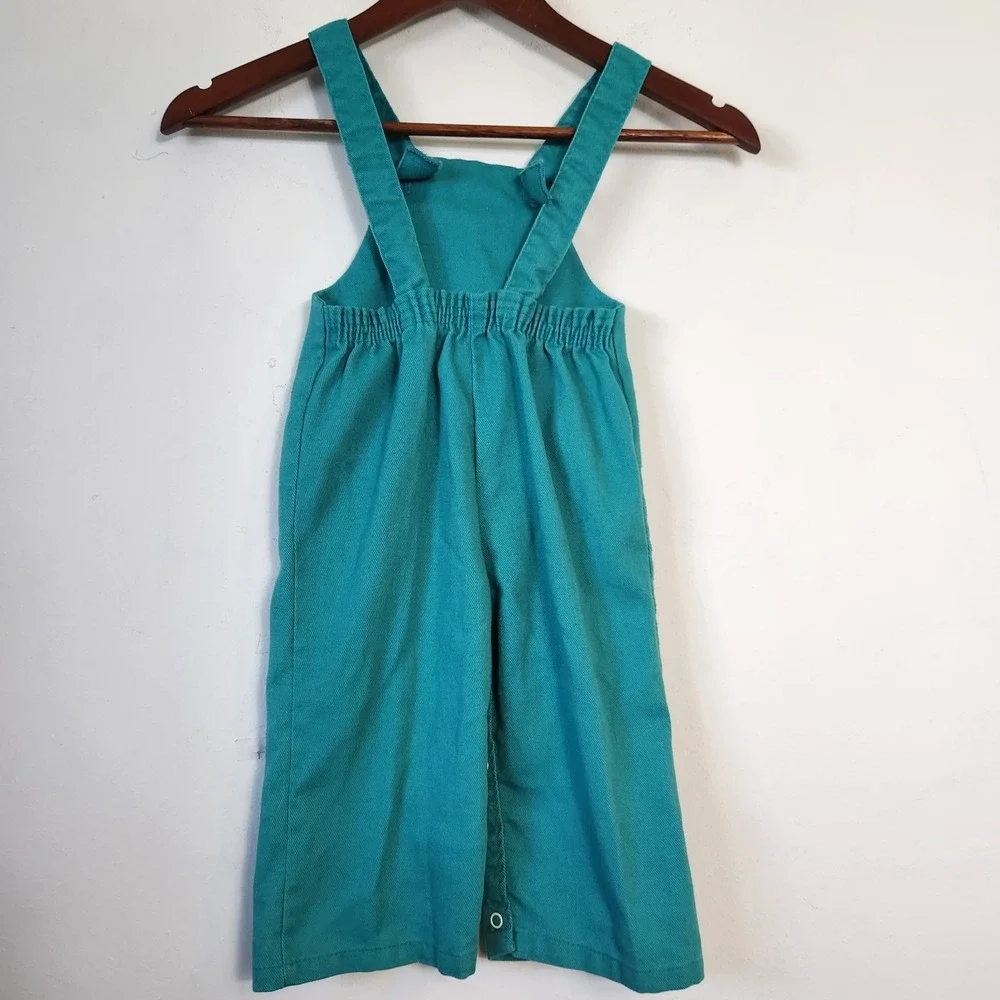 Vintage 80s Krazy Kritters Overalls Girls Size 2 Dinosaur Applique Teal Pink USA